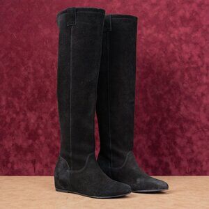 ZIGIny Women Black Suede Riding Slip-on Wedge Heel OTK Fashion Boots sz 7